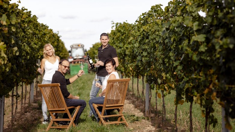 Four people sit and stand in a vineyard with wine glasses in their hands.