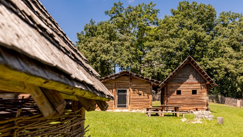 Reconstruction of a Celtic village with wooden huts and a green lawn surrounded by trees.