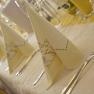 Elegantly laid table with folded napkins and cutlery.