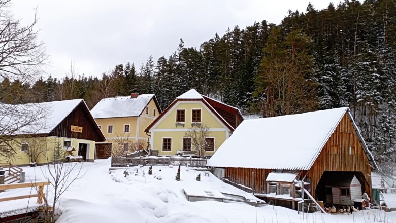 Nazbauerhof, © Nazbauerhof Snow-covered farm with yellow buildings and wooden barn, surrounded by forest.