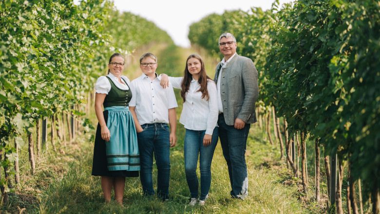 A family stands smiling in a vineyard.