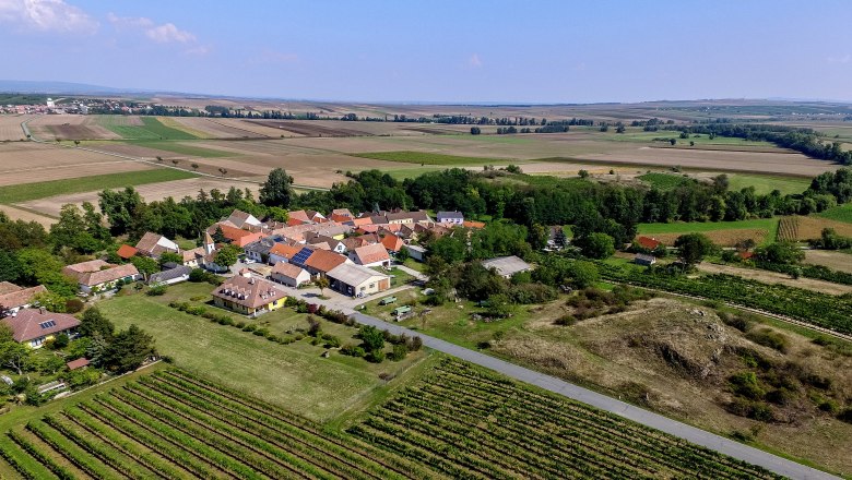 Aerial view of a small village surrounded by fields and vineyards.