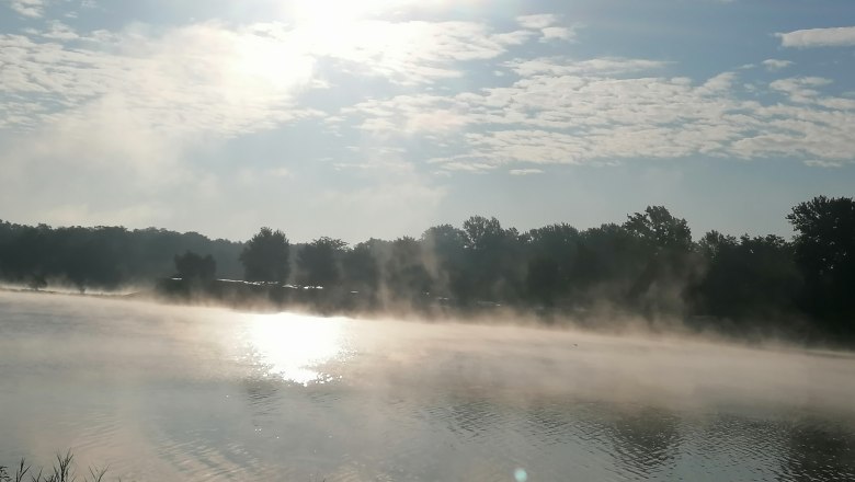 A misty lake at sunrise with trees in the background.