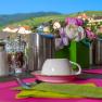 Outdoor breakfast table with pink placemats, coffee cups, salt and pepper shakers and flower arrangement, with a picturesque landscape in the background.