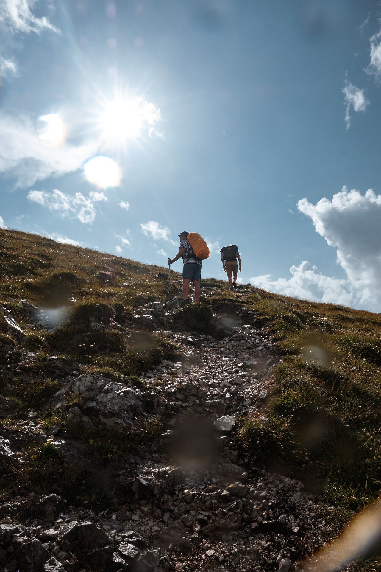 Hikers climb the gentle slope, surrounded by lush greenery and the radiant light of the sun. The fresh mountain air and breathtaking views invite you to enjoy the beauty of nature to the full.