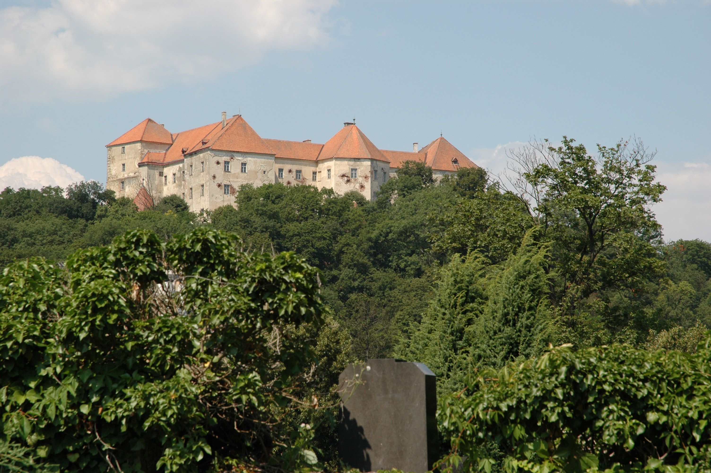 Neulengbach Castle on a wooded hill with red roofs, surrounded by trees and a blue sky.