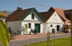 Wine cellar with bicycles and sales stand in sunny weather.