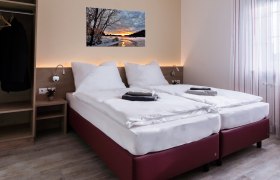 Modern double room with two single beds, picture on the wall, closet and window with curtains.