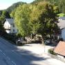 Rural street with houses and trees in a green environment.