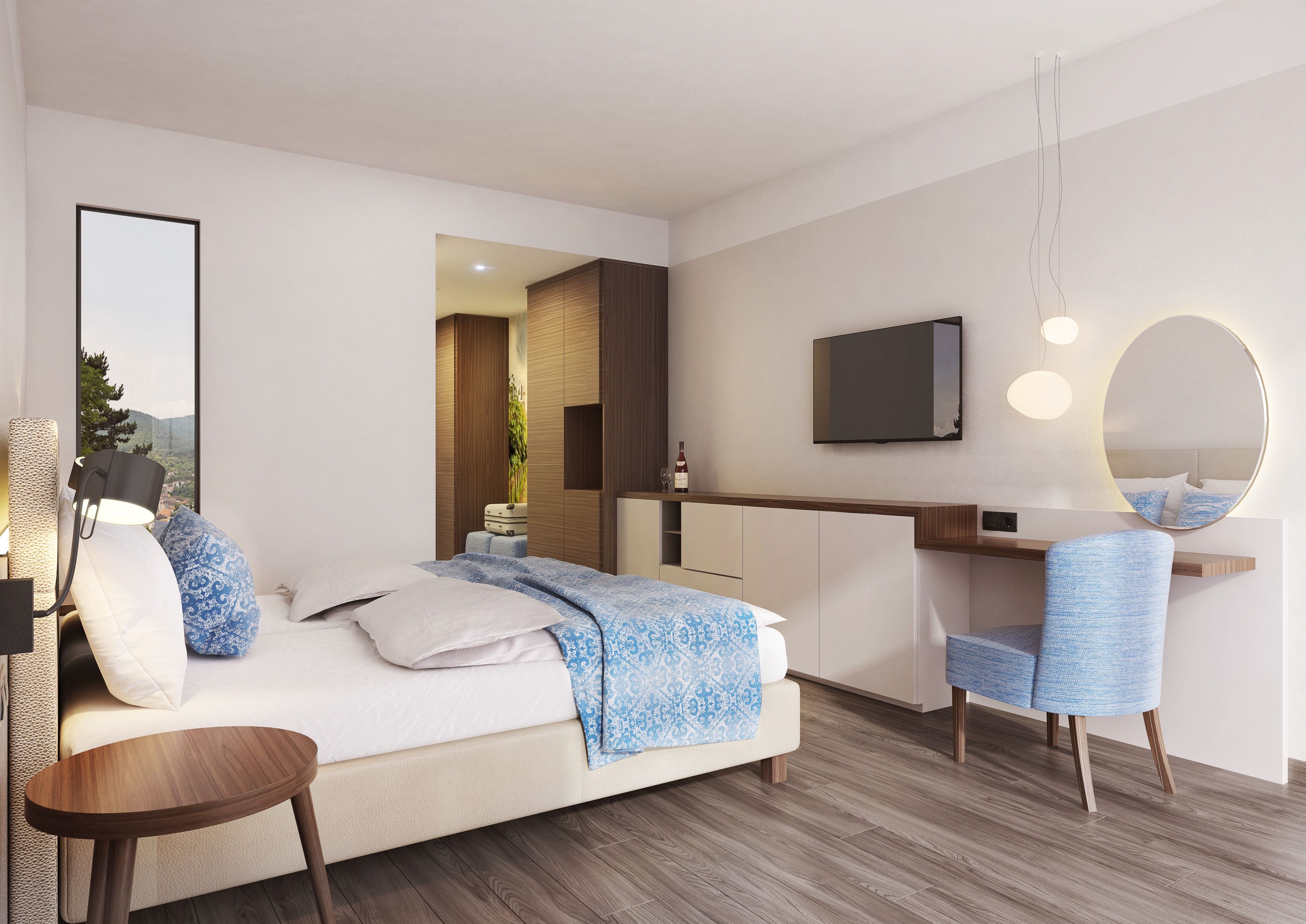 Modern furnished hotel room with double bed, blue chair, wall mirror and flat screen TV.