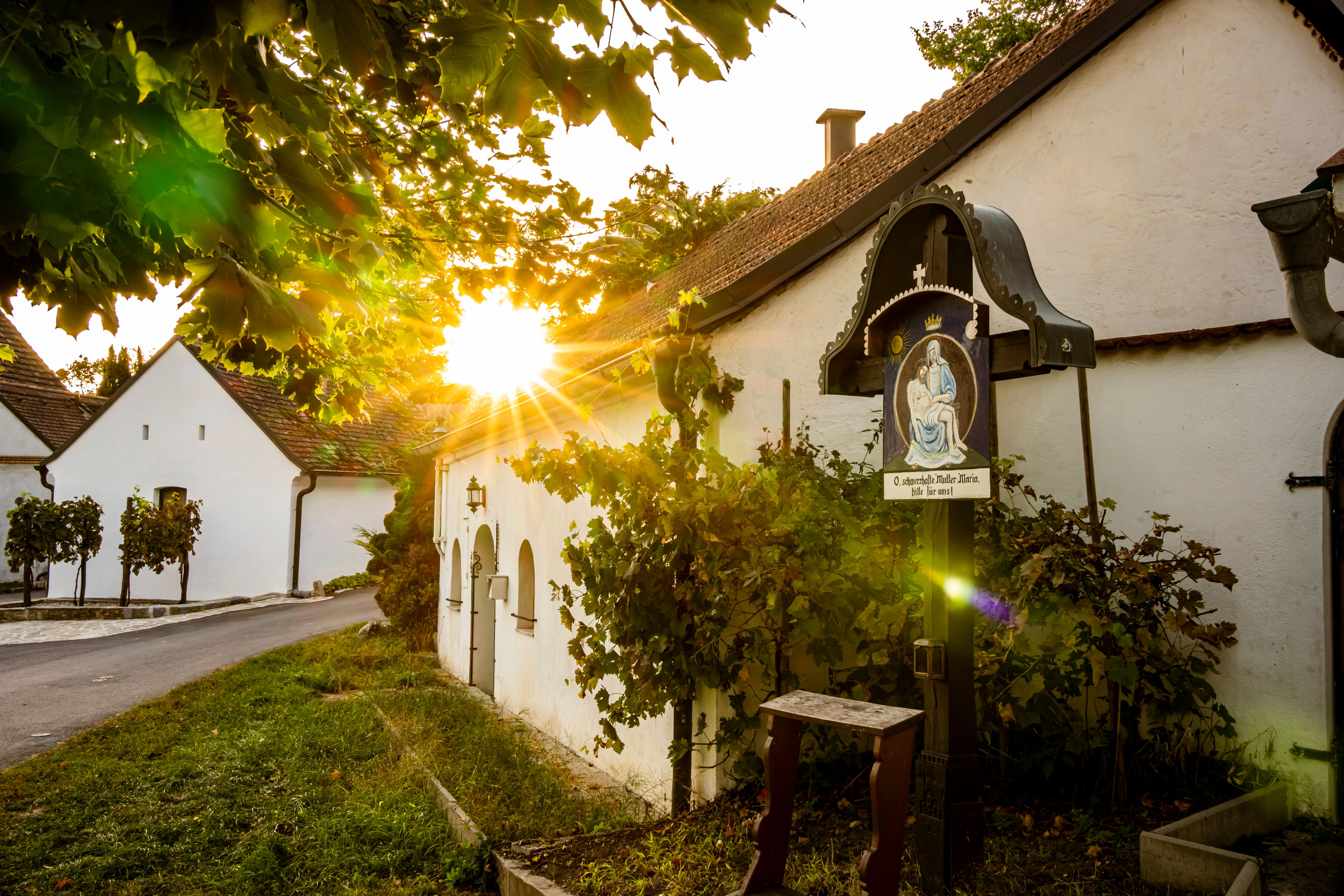 Sunset in the Sitzendorf wine cellar lane with old wine cellars and a religious wayside shrine.