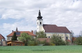 Church in Sankt Leonhard am Hornerwald with surrounding buildings and green field.