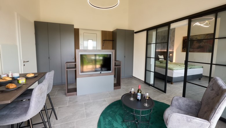Modern apartment with dining table, TV, gray wardrobes and sliding glass doors to the bedroom.