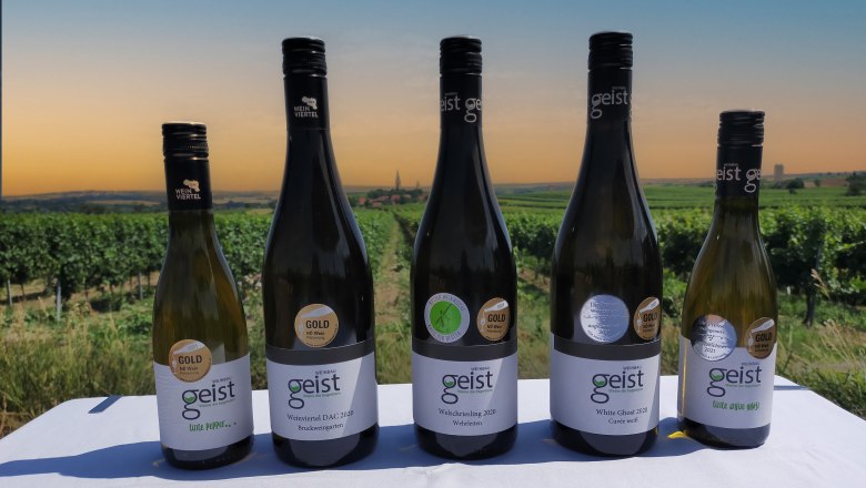 Six Geist wine bottles in front of a vineyard at sunset.