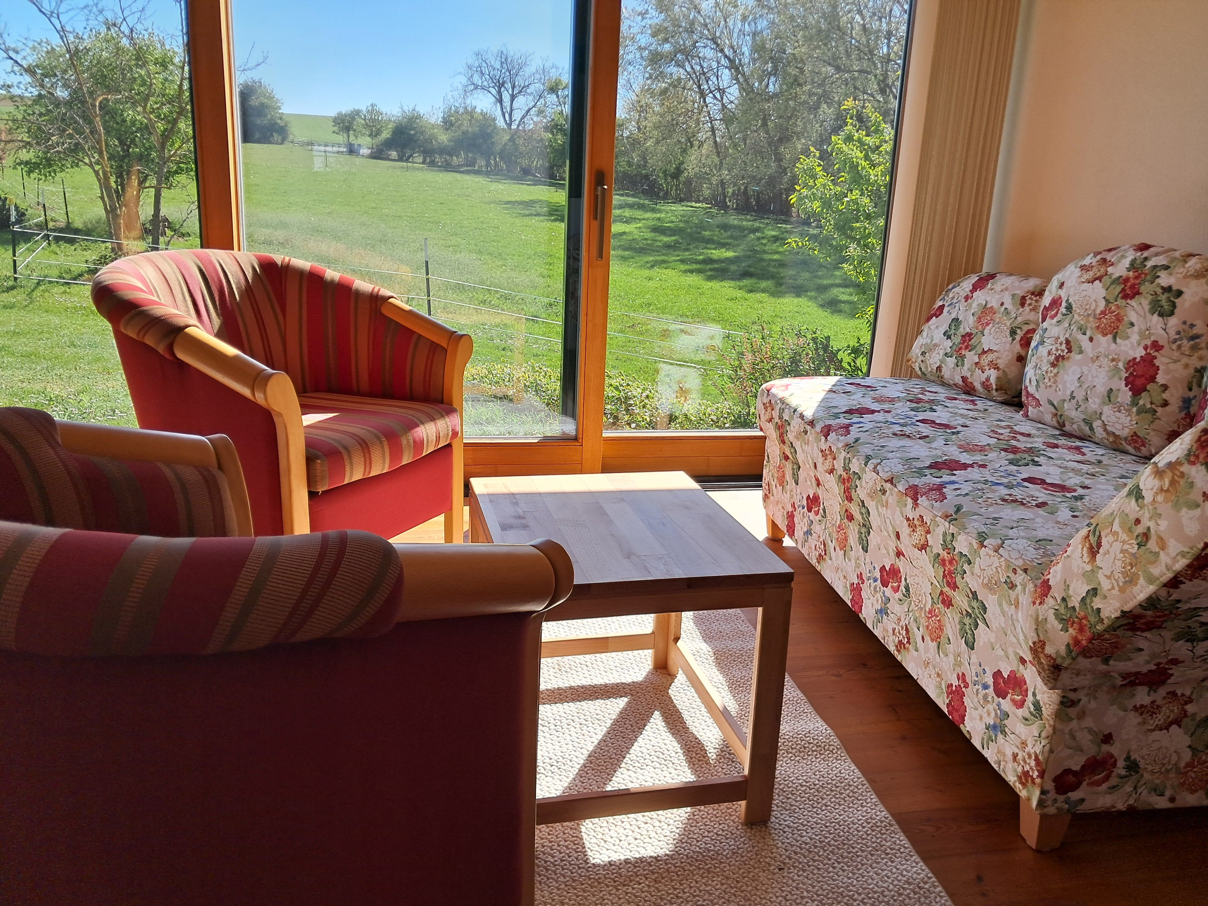 Living room with large windows, view of green meadow, two striped armchairs, flowered sofa and wooden table.