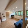 Open room with wooden floor, bed, sofa and TV, large windows with a view of the countryside.