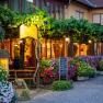A cozy garden with flowering plants and vines, illuminated by warm light. People sit at wooden tables under a pergola.