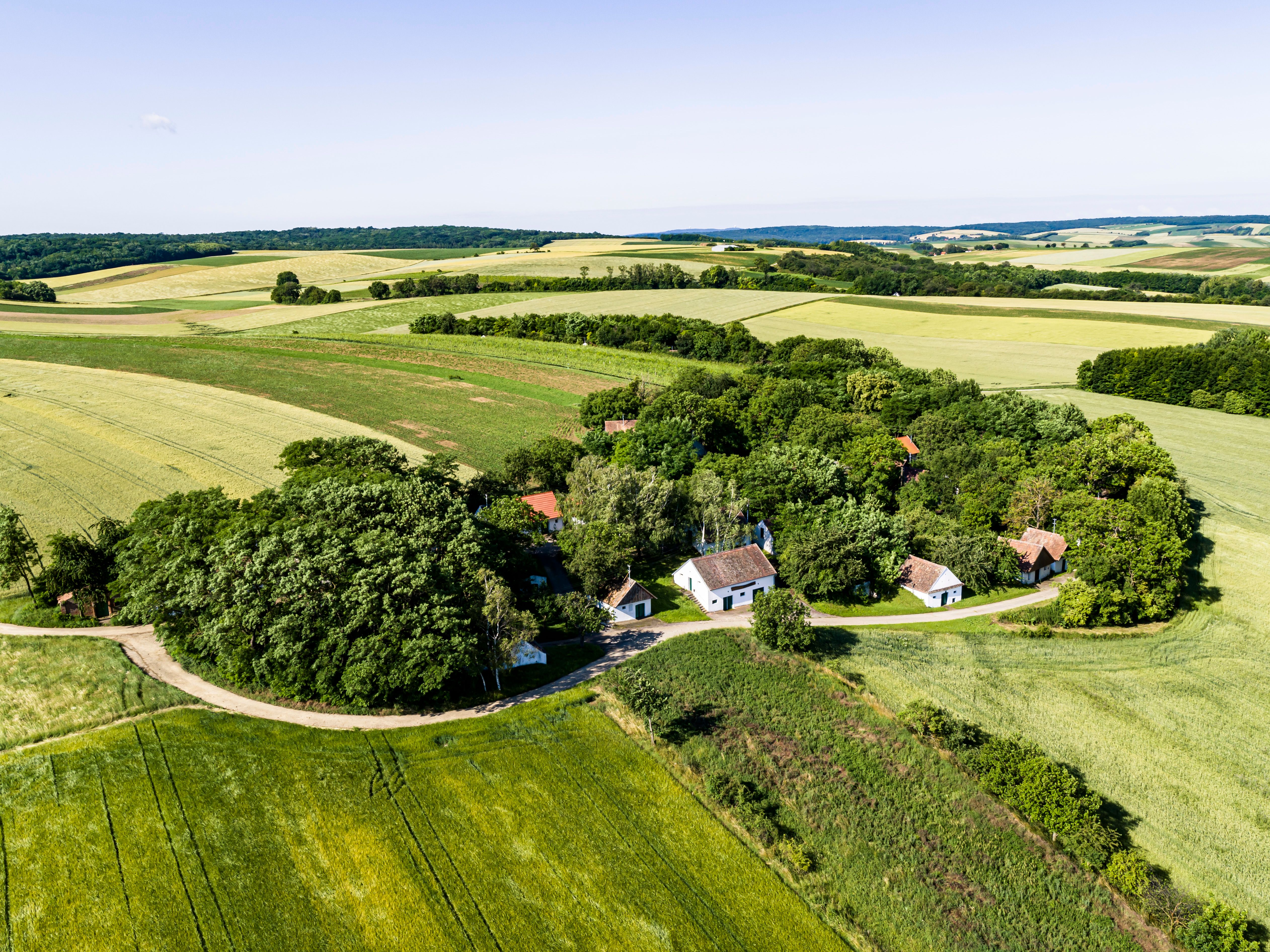 Aerial view of a rural landscape with fields and small houses.