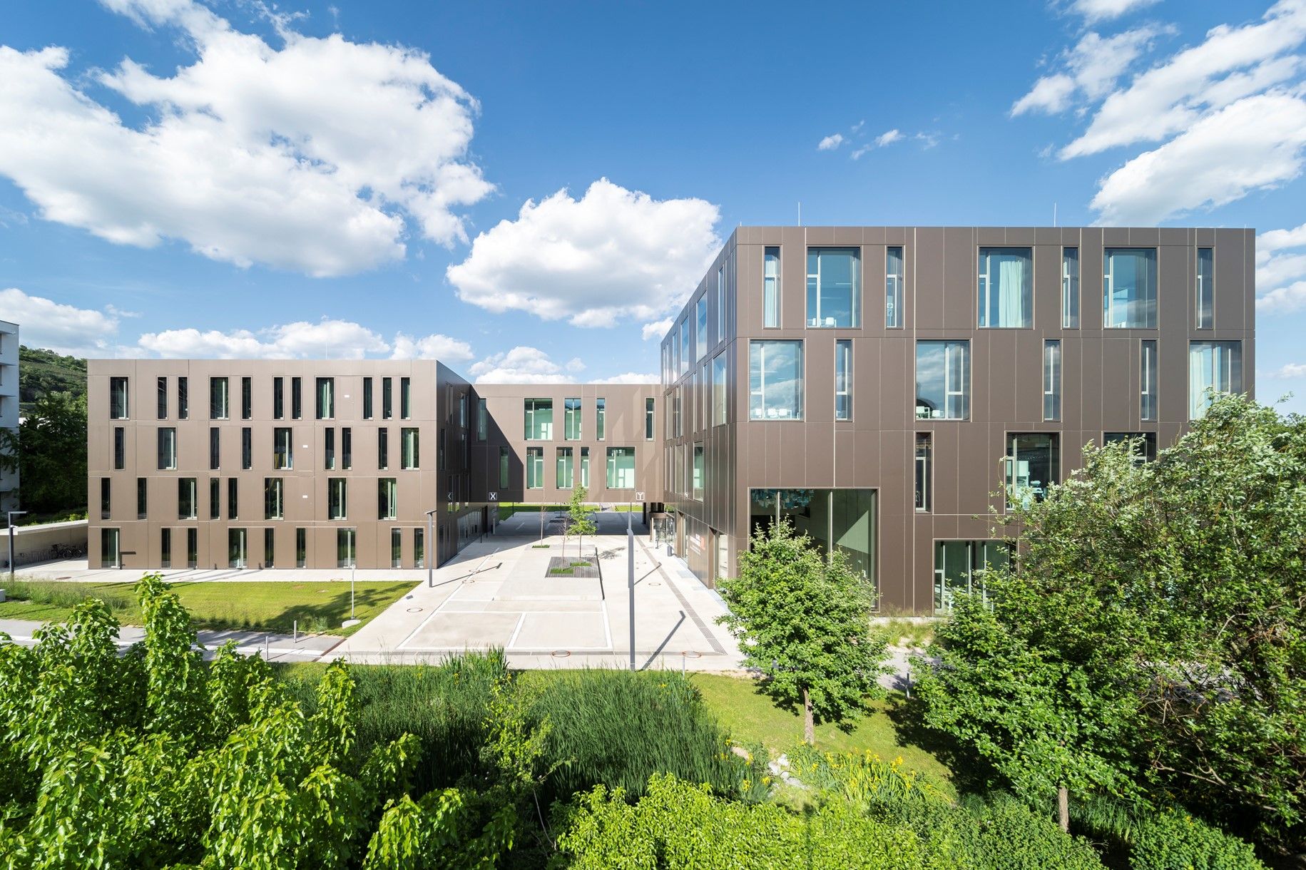 Modern university building with a brown façade and large windows, surrounded by green vegetation under a blue sky.