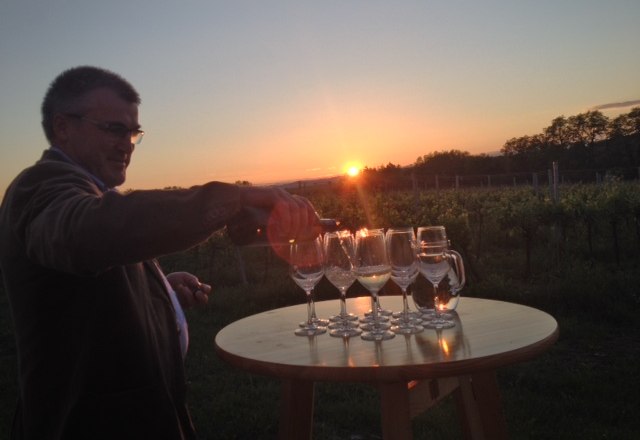 A man pours wine into glasses on a table at sunset in a vineyard.