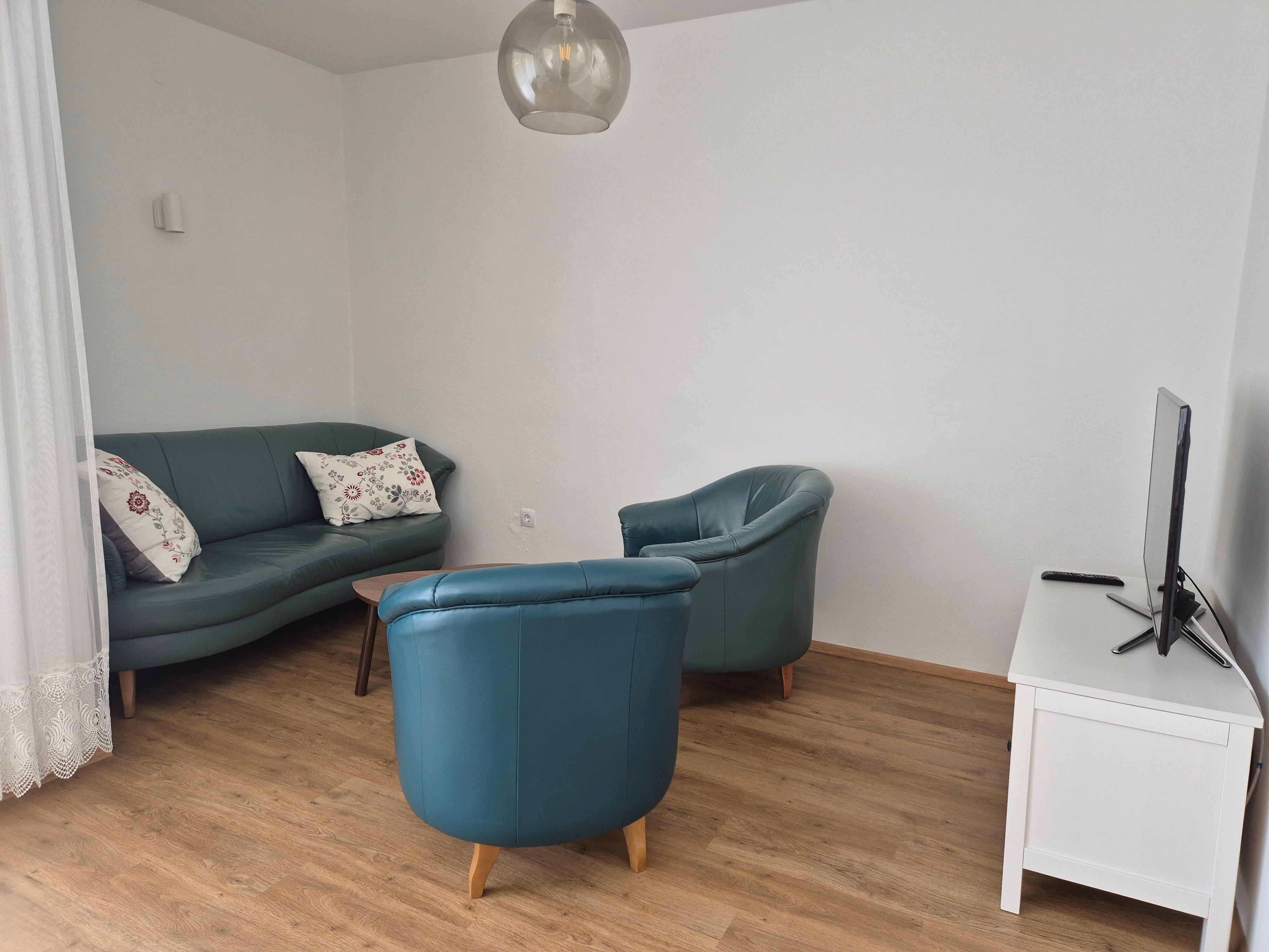 Living room with blue sofas, wooden floor and TV.