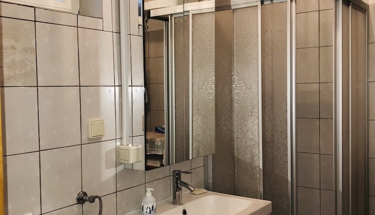 Bathroom with shower, washbasin and tiles.