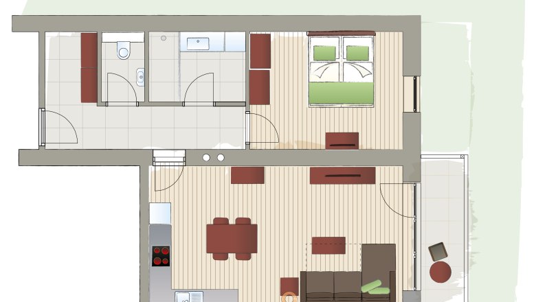 Floor plan of an apartment with bedroom, living room, kitchen and bathroom.