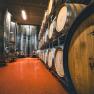 Wine cellar with wooden barrels and stainless steel tanks.