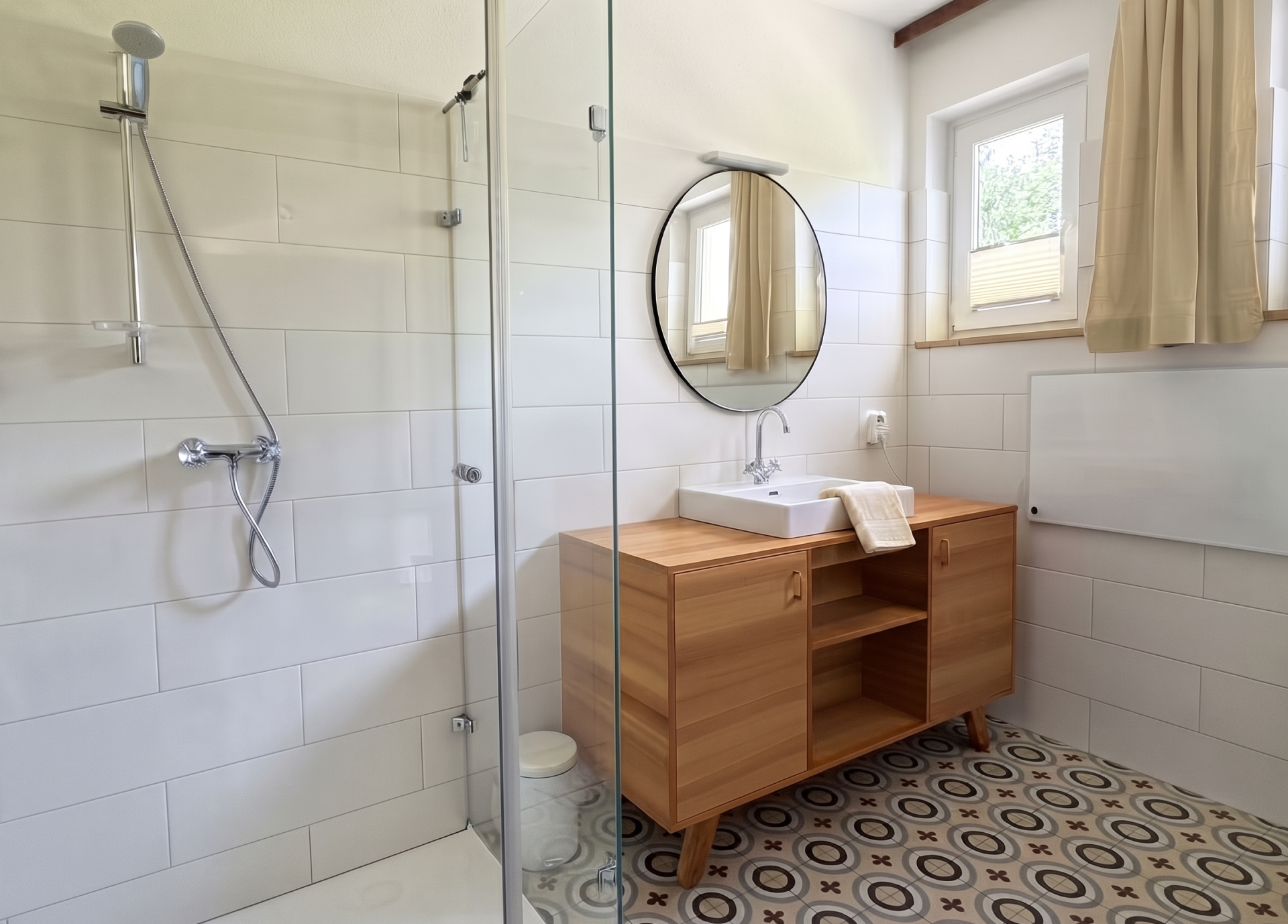 Modern bathroom with a shower, sink, and wooden cabinet.