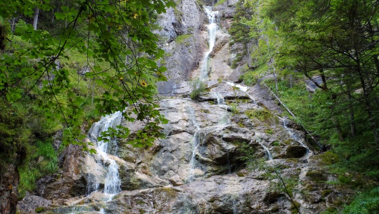 A waterfall flows over rocks in a wooded area.