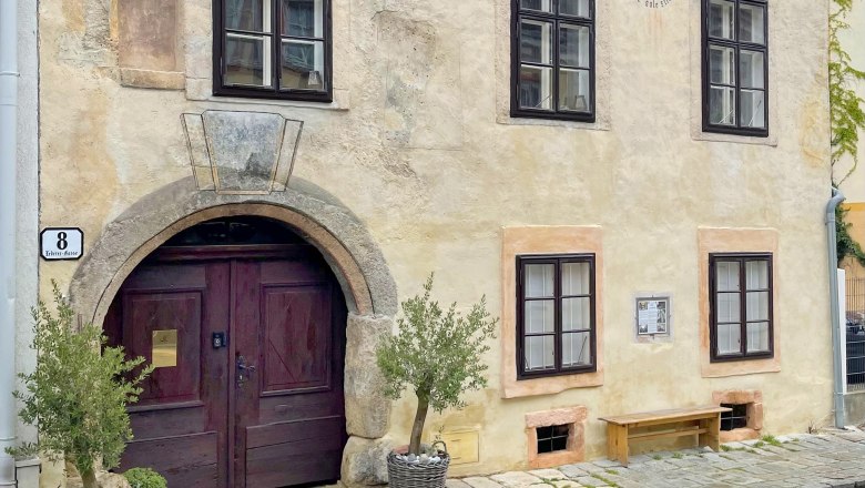 Historic house facade with wooden gate and windows, decorated with plants in baskets.