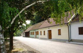 A quiet street with traditional houses and trees in the Ahrenberger-Eichberger wine cellar lane.
