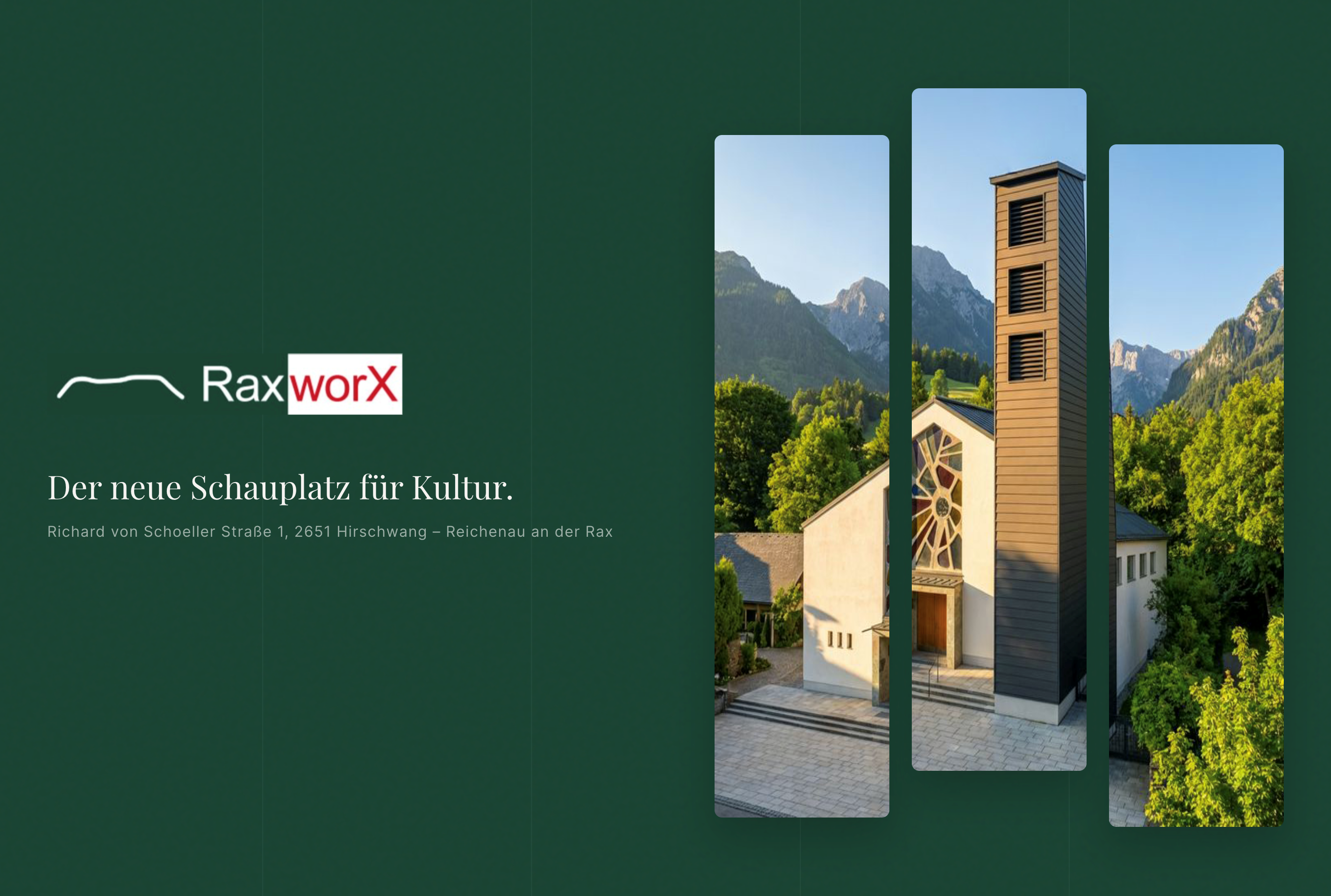A modern cultural center with a striking tower against a mountain backdrop, advertised as a new venue for culture.