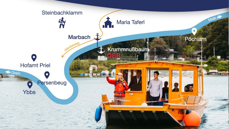 A barge on a river with an overview map of the surroundings.