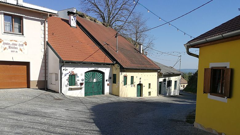 A picturesque alley with traditional buildings and cobblestones in Rohrendorf.