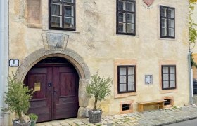 Historic house facade with wooden gate and windows, decorated with plants in baskets.