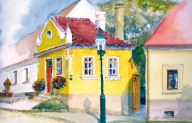 Watercolor of a yellow house with red roof tiles and flowers in front of the door.