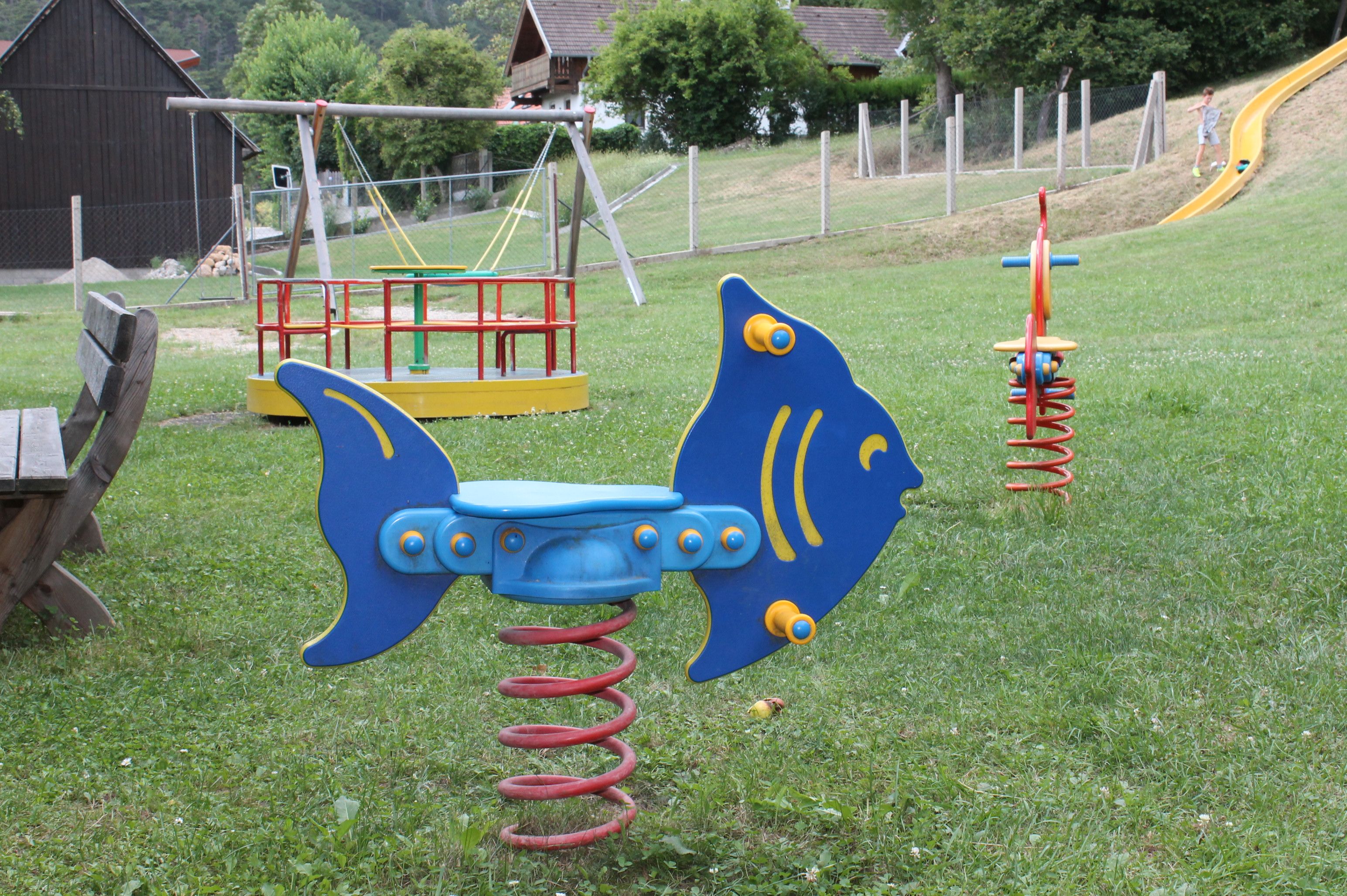 Playground with rocking animal in the shape of a fish, carousel and slide.