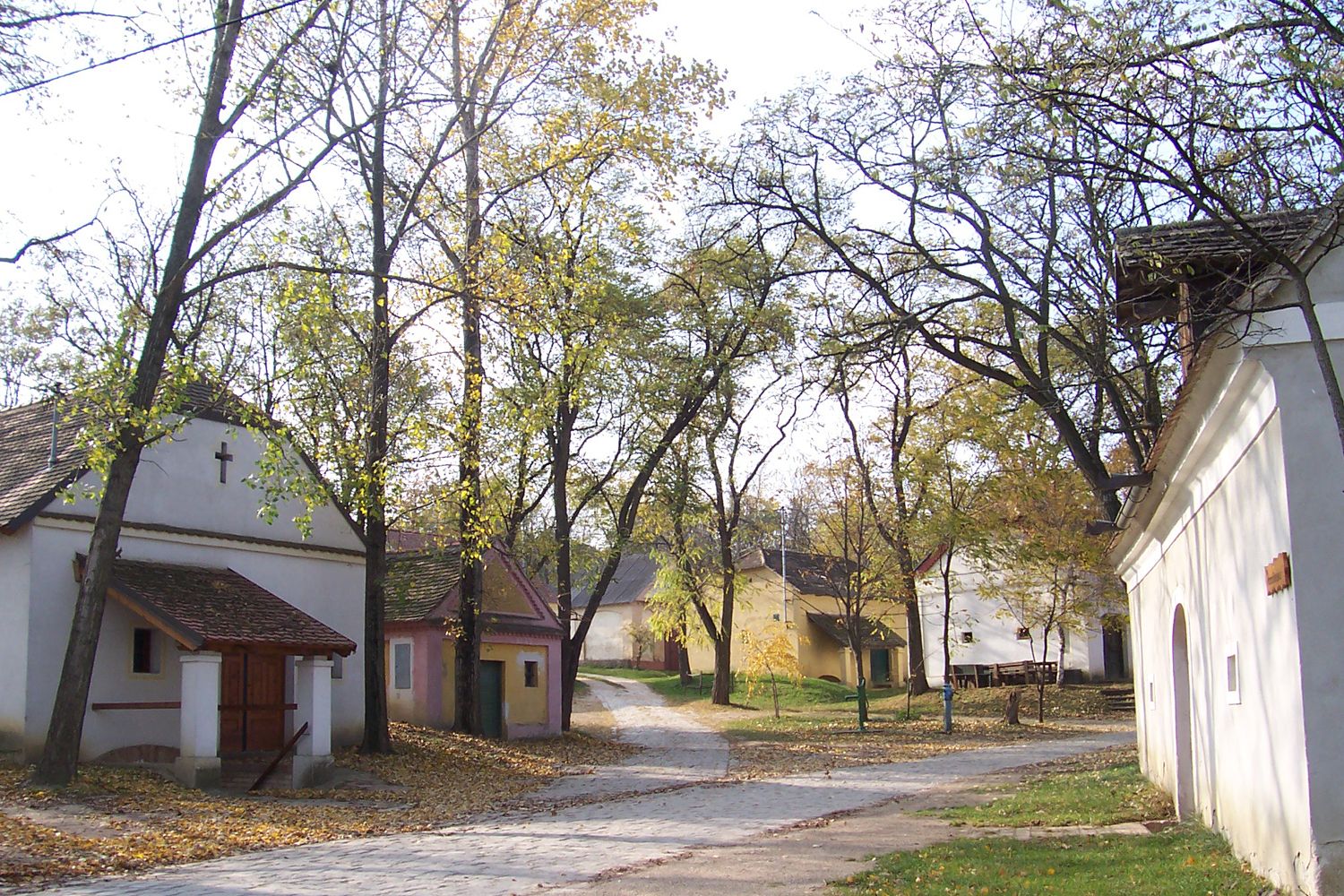 A picturesque wine cellar lane with small, traditional buildings and trees in the fall.