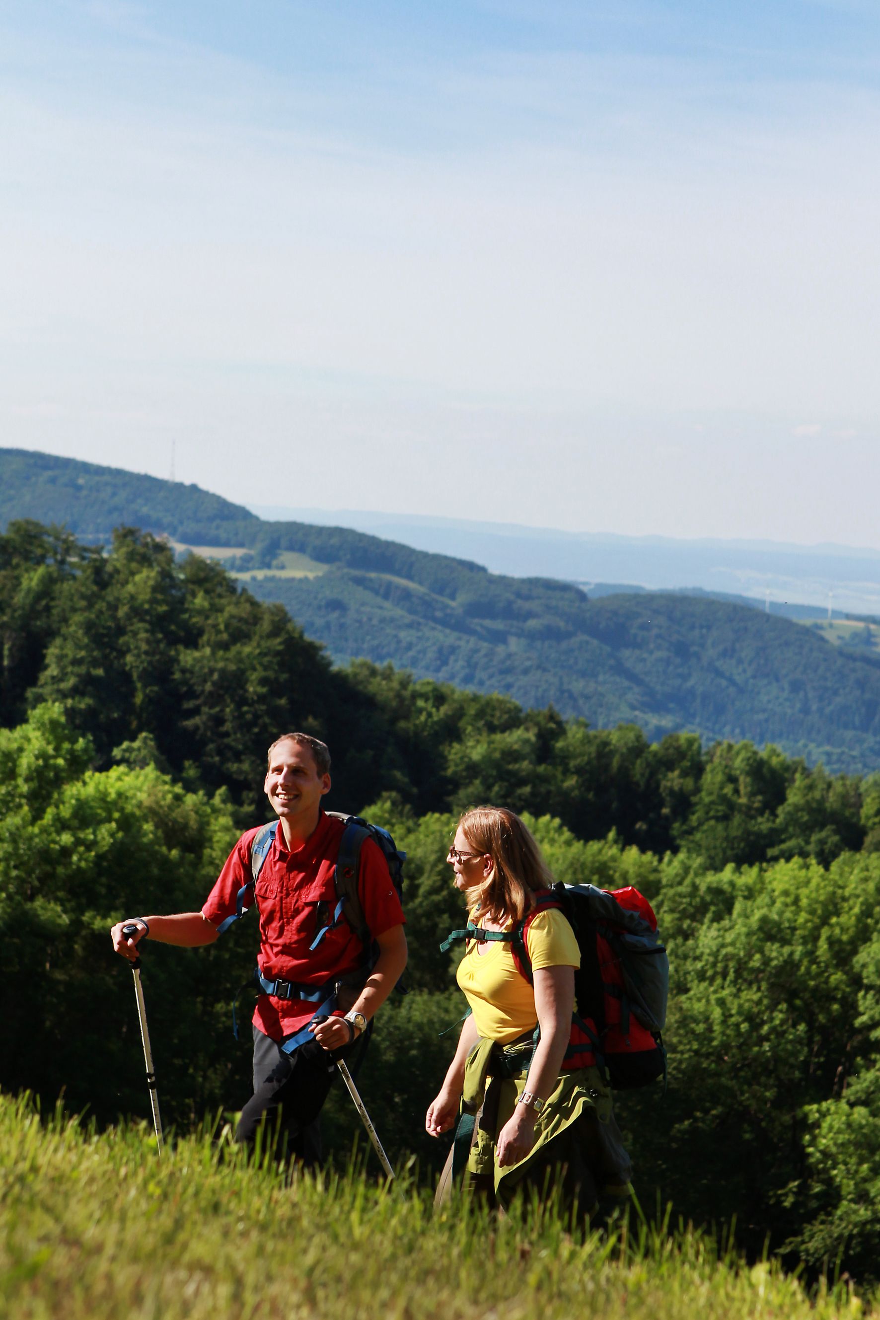 Two hikers with rucksacks and hiking poles on a green hill with wooded mountains in the background.