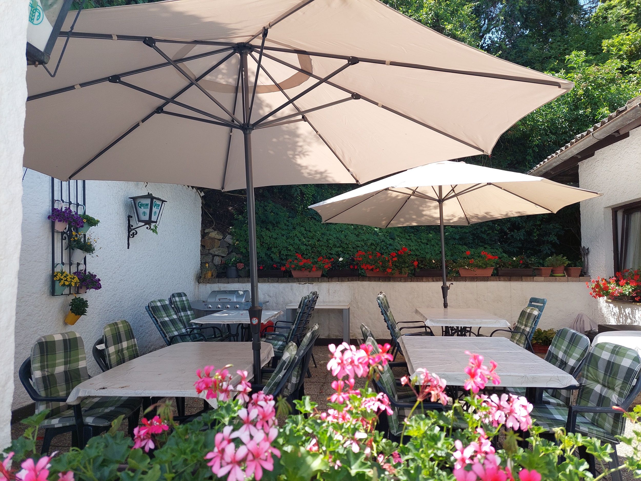 Cozy outdoor area with tables, chairs and parasols, surrounded by flowers and plants.