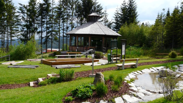 A small pavilion in a green park with trees and a pond.