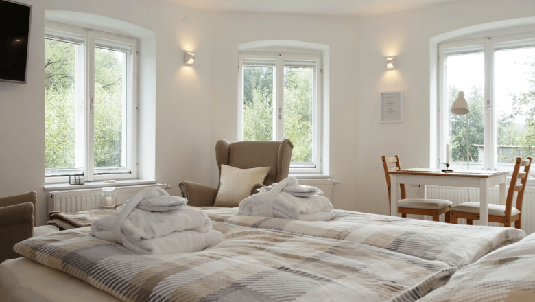 View from the bed of the Green Meadow guest mini bungalow, &copy; Ederm&uuml;hle