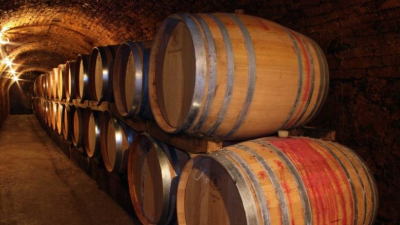 Wine barrels stacked in a wine cellar.