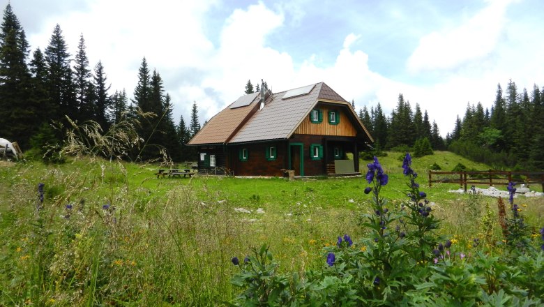 Hut1, © Richard Waidhofer A wooden hut in a green meadow with flowers and trees in the background.