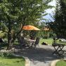 Garden with seating area under trees, table and chairs, orange parasol.