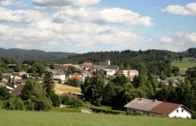 Panorama of the market town of Martinsberg with church and surrounding houses, surrounded by forests and fields under a blue sky.