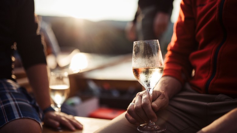 Person holding a wine glass, sunset in the background.
