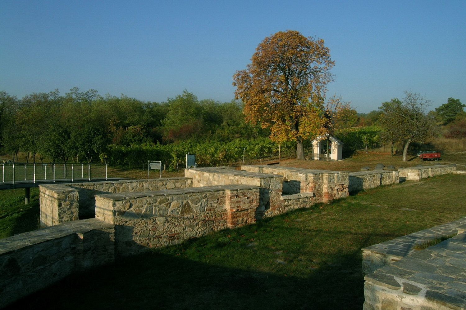 Ruins of an old stone wall with trees in the background.