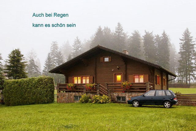 Vacation apartment Hochstöger, © Familie Hochstöger Log cabin in the fog with car and trees in the background.